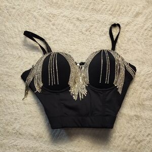 Say What Women's Goth Black Rhinestone Fringe Women's Top Size Large